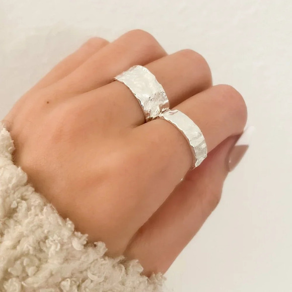 925 Sterling Silver Set of 2 Foil Rings Textured Ring Band Minimalist Ring - Picture 3 of 15